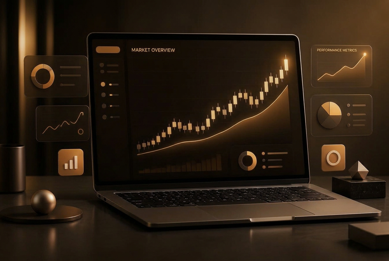 Laptop showing a modern website with upward sales growth